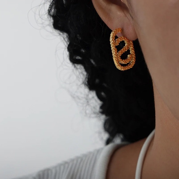 18K Gold Plated Hoop Earrings*Letter S Earrings*Rectangular Earrings*Unique Hoop - Picture 2 of 7